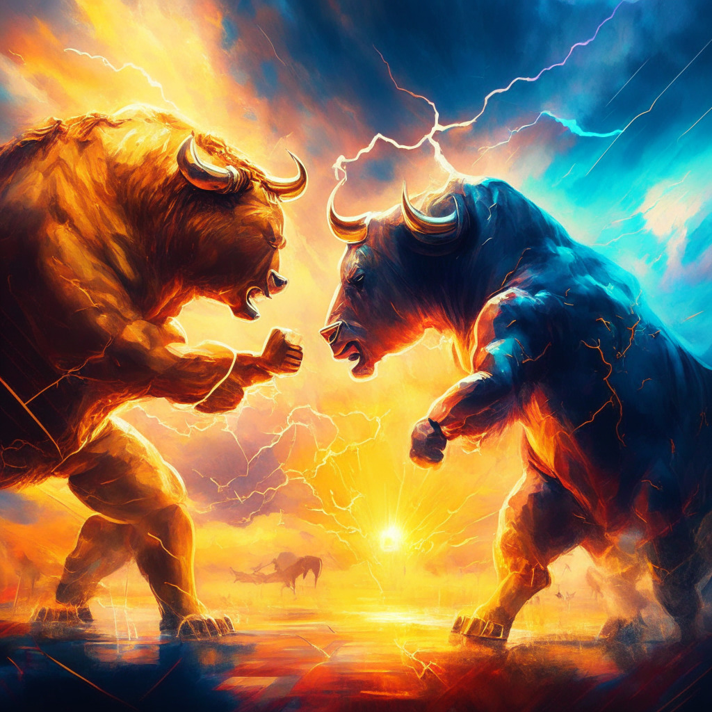 Majestic bull and bear duel, symbolic Bitcoin and USD, vibrant colors and fluid brush strokes, intricate financial charts and indicators as background, sun piercing through stormy sky, warm golden light illuminating the battleground, mood of hope, uncertainty, and anticipation.