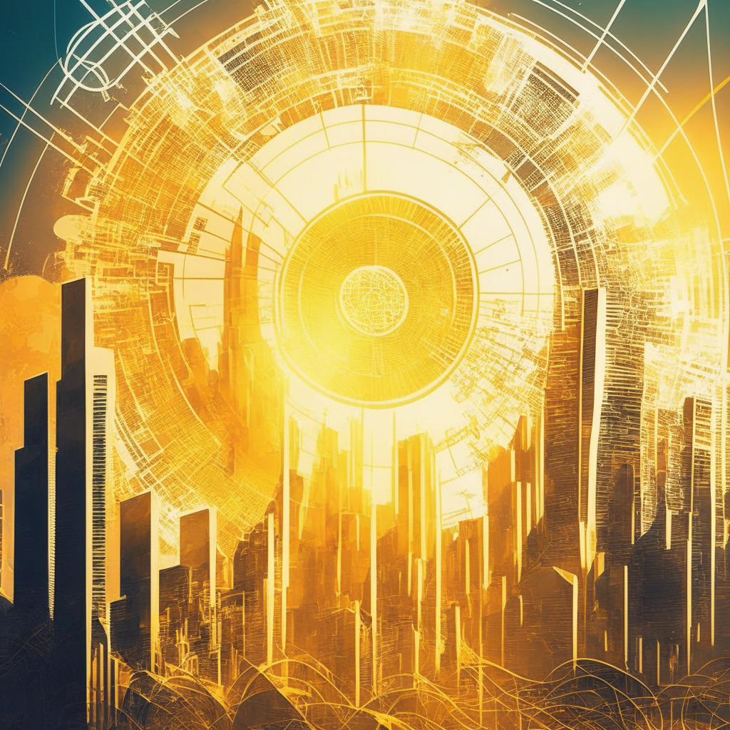 Sunlit abstract financial landscape, golden ratio spiral, ascending Bitcoin price, Fibonacci retracement lines, artistic brush strokes, delicate balance of light and shadow, tense atmosphere, upward momentum, trading charts, coins symbolizing cryptocurrencies, futuristic city skyline, innovative blockchain in the background, financial optimism.
