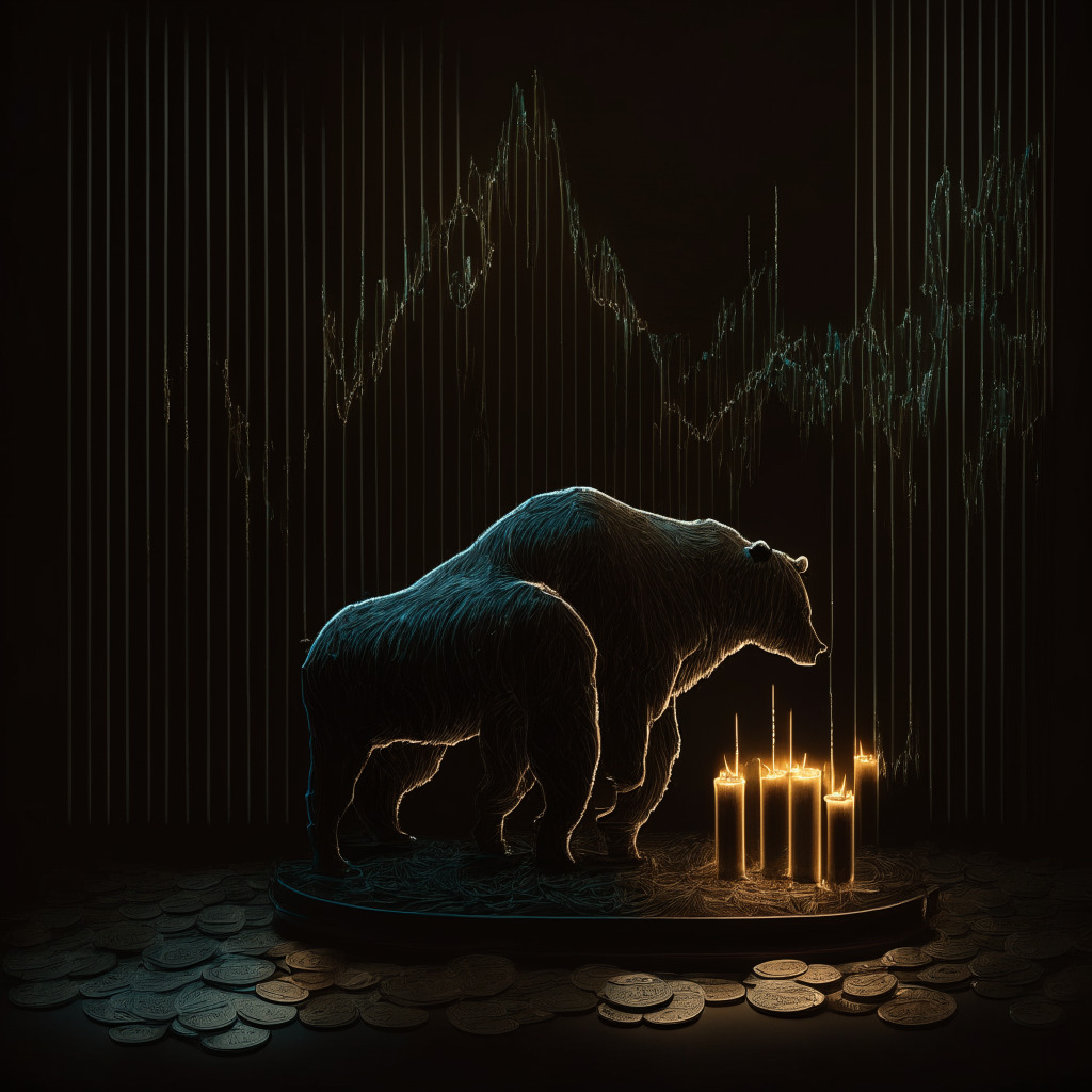Intricate crypto scene in a dark, moody setting, cascading coins entwined with a declining chart line, symbolic downtrend bear wrapping the coins, triumphant bull in the distance leaning on support trendline, soft candlelit glow highlighting Fibonacci retracement level, hints of artistic optimism contrasting bleak surroundings.