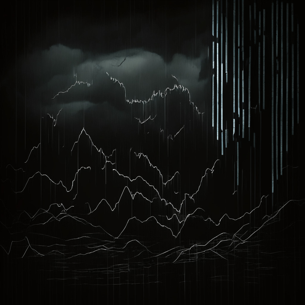 Dark, stormy sky over a downtrend chart, bearish market atmosphere, Bitcoin currency symbol in the eye of the storm, $26,000 mark crumbling, dramatic directional moving index lines, tense candlestick formations, dual tone of hope and despair, gritty artistic style, heavy shadows, eerie mood.