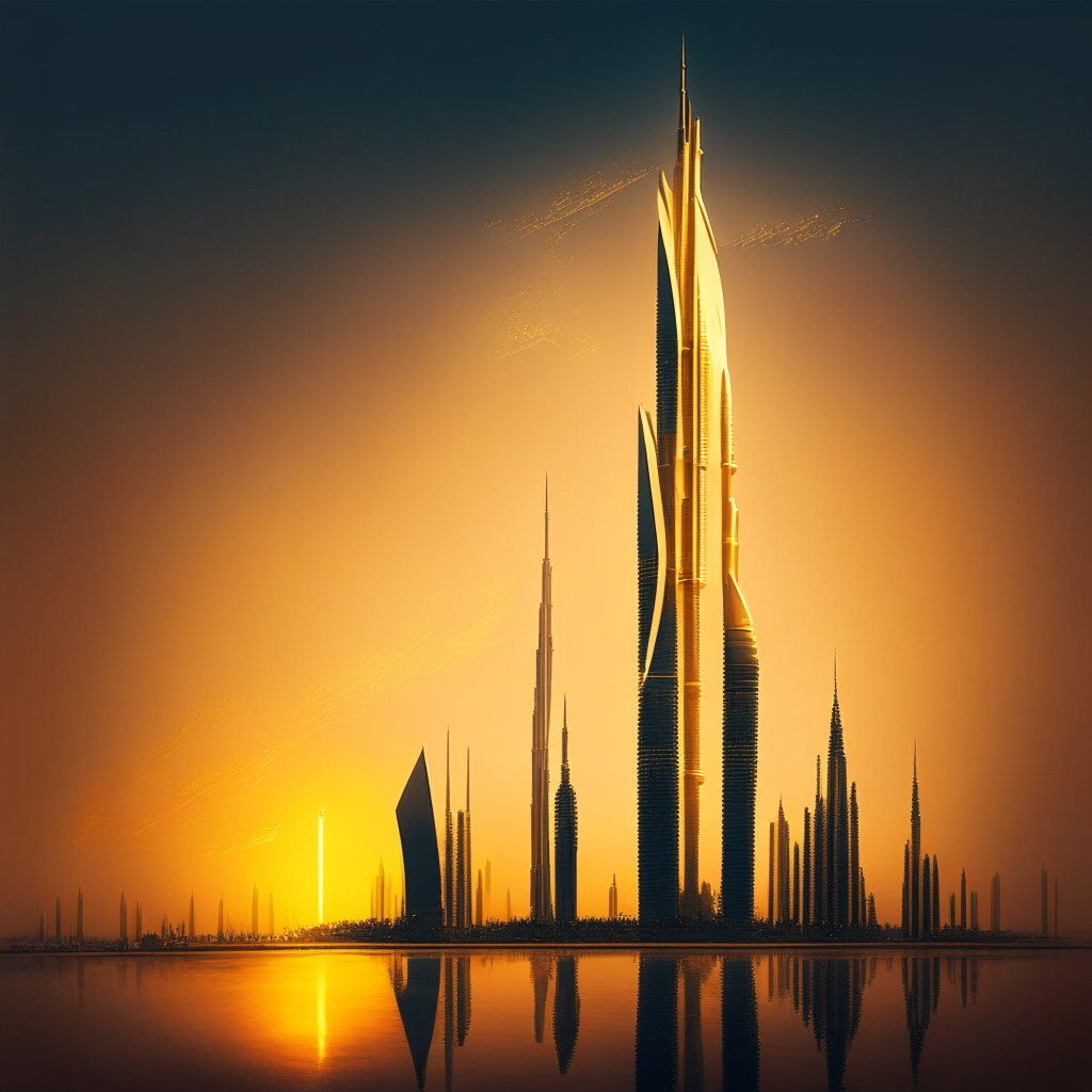 Futuristic Dubai skyscraper symbolizing crypto's impact, golden dusk light casting long shadows, NFTs merging art and hospitality, brewing macroeconomic storm, cautious optimism, contrasting warm and cool tones creating a dynamic atmosphere, vibrant financial cityscape, digital era emerging.