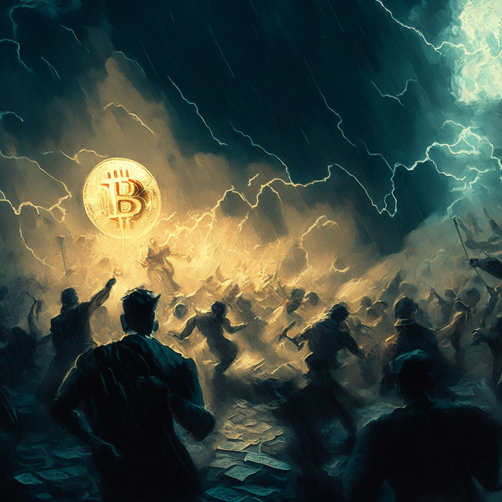 Cryptocurrency chaos, a stormy market scene, artistic expressionist style, dimly lit atmosphere, turbulent waves of currency, contrasting light and shadow, uncertain mood, a key $25,000 price level looming, prominent factors like regulatory uncertainty and dollar strength affecting sentiment, hints of bearish and bullish possibilities.