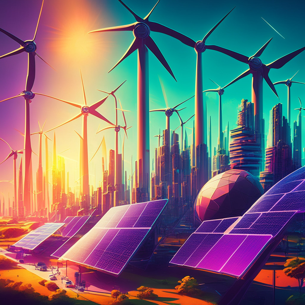 Futuristic city with renewable energy sources, solar panels, wind turbines, a digital currency mining facility, contrasting dark and vibrant colors, bright sunlight highlighting solar panels, subdued atmosphere, low-angle perspective, net-zero emissions in skyline, blend of technology and nature, hopeful mood, innovative spirit.