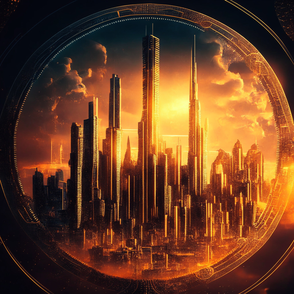 Intricate futuristic city skyline with Bitcoin hologram, warm sunset glow, art deco style accents, intense chiaroscuro lighting, various Fibonacci spiral patterns, Q2 2023 countdown timer, dynamic evanescent clouds, optimistic and anticipatory atmosphere, contrasting with subtle warnings for investor caution.