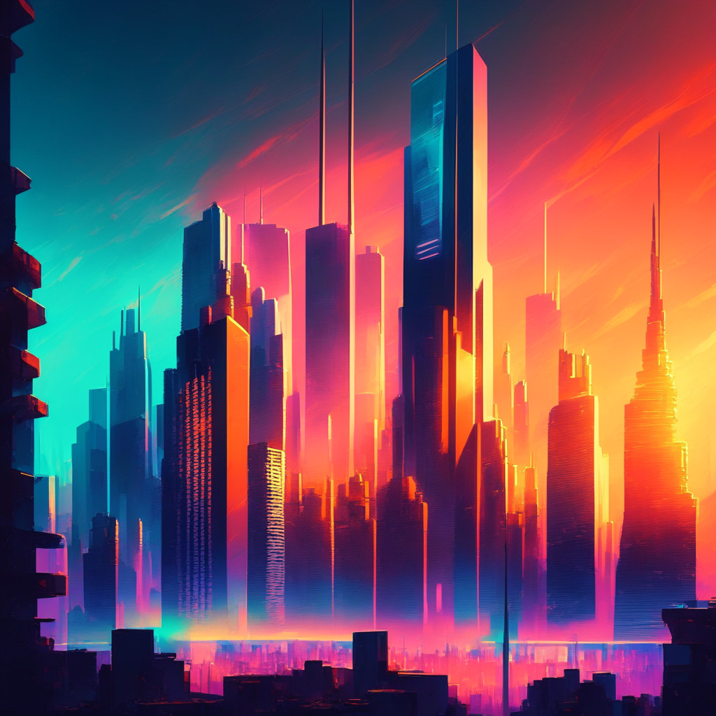 Futuristic city skyline at dusk, vibrant colors, Bitcoin symbol among high-rise buildings, artistic Impressionist style, contrasting light and shadows, moment before a vigorous breakout, uplifting atmosphere, strong bullish energy, anticipation of significant gains.