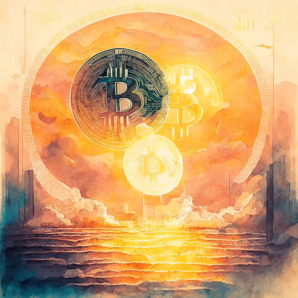 Elegant Bitcoin artwork, sunrise backdrop, intricate design, shadows and highlights, US inflation data, CPI chart, subtle nod to Federal Reserve, mood of anticipation, hint of volatility, balance of risk and reward, warm color palette, watercolor texture, 350 characters.