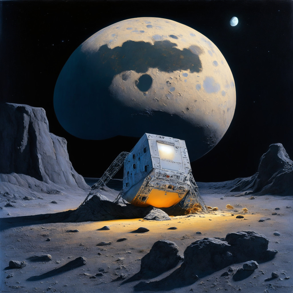 Lunar landscape bathed in soft twilight, historic Moon lander Peregrine-1 resting near a metallic tribute to Satoshi's Genesis Block, first physical Bitcoin illuminated as a symbol of unity and innovation, mood of wonder and exploration, bold artistic strokes convey the controversial intersection of space exploration and cryptocurrency.