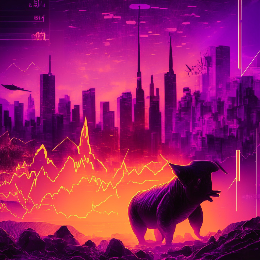 Bitcoin rebound, hopeful trader Skew, macro friction, Tether purchases as positive headwind, CVD momentum, Material Indicators, Binance order book, purple whales, skeptical TraderSZ, upside target within a month, Credible Crypto's trend lines, explosive potential move, no investment advice. Reimagine: Sunset-lit futuristic city, gold and purple hues, BTC symbol rising, optimistic mood.