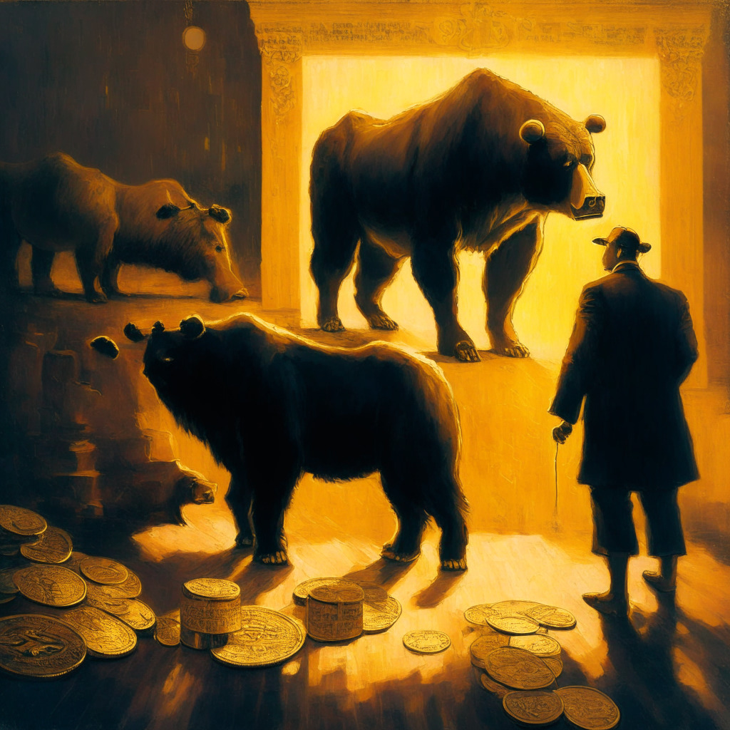 Cryptocurrency crossroads, evening light casting shadows, oil painting style, contrasts of bright & dark areas, a bear & a bull in a tense standoff, Cathie Wood in the background, vintage chart with BTC prices & NFT stats, long-term hodlers holding golden Bitcoin coins, undecided mood, hint of optimism.