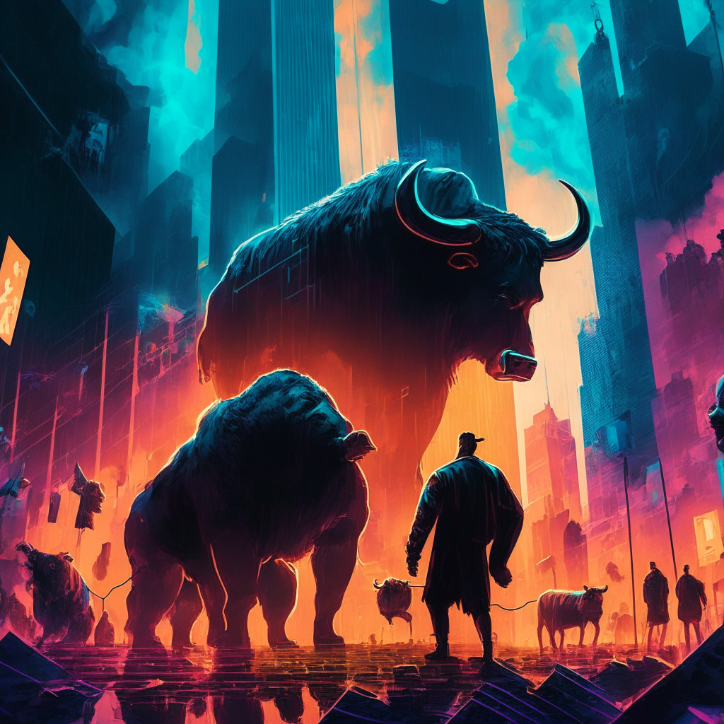 A dramatic crypto market scene, futuristic cityscape, contrasting light & dark, intense color palette, bitcoin symbol illuminated at $32,000 peak, expressions of hope & apprehension on diverse investor faces, abstract bear & bull shapes in the background, victory and doubt coexisting, dynamic, evocative mood.