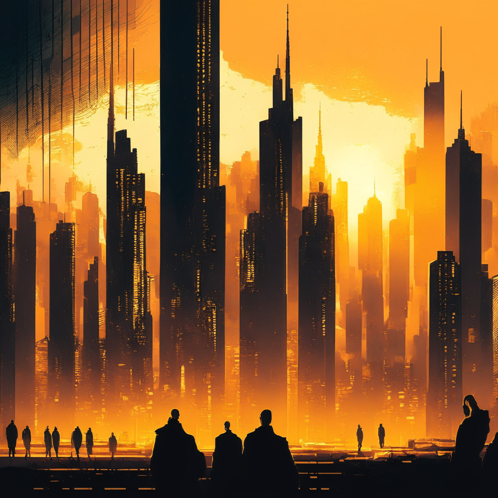 Intricate cityscape at dusk, golden hues, futuristic skyline, expressive brushstrokes, Bitcoin symbol on a building, shadowy figures discussing in the foreground, glowing screens with fluctuating charts, positive vs. negative sentiment, underlying tension, hope and uncertainty mingling.