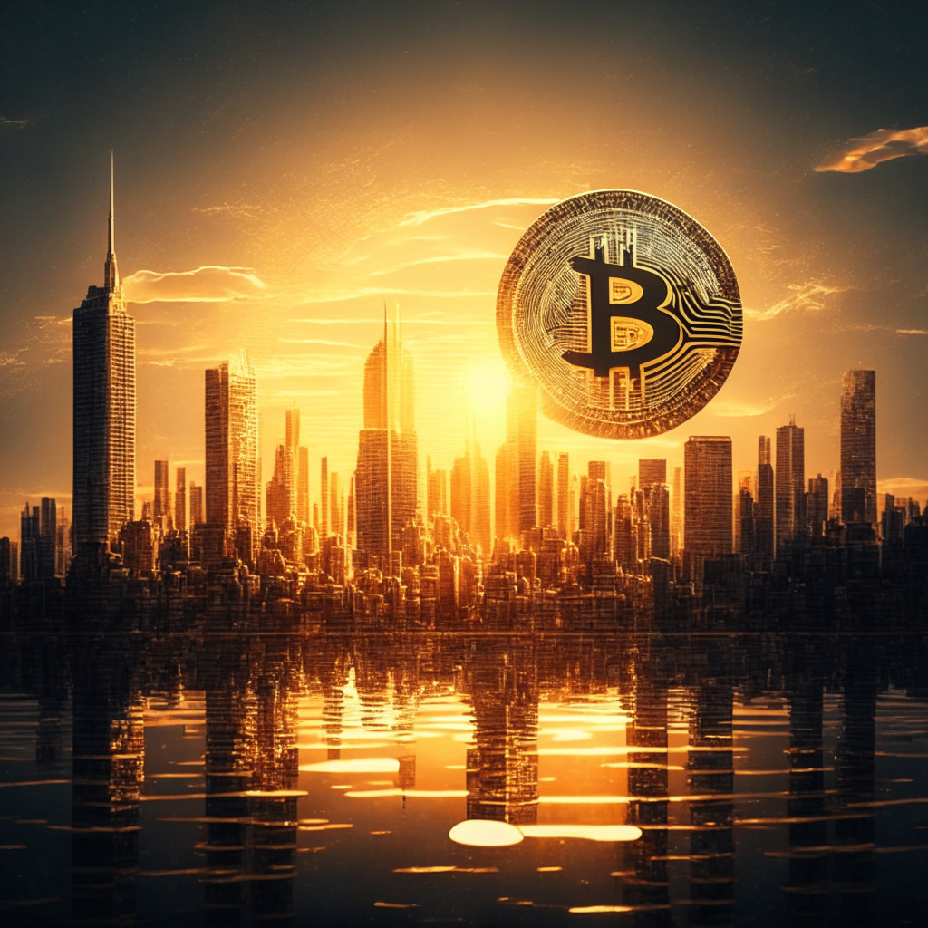 Intricate city skyline with Bitcoin symbol as dominant feature, multiple fiat currencies beneath, golden sunset casting warm light, delicate chiaroscuro shading, victorious mood hinting at resilience, sparkling in the eyes of cautious investors, soft textures, anticipating upward momentum.