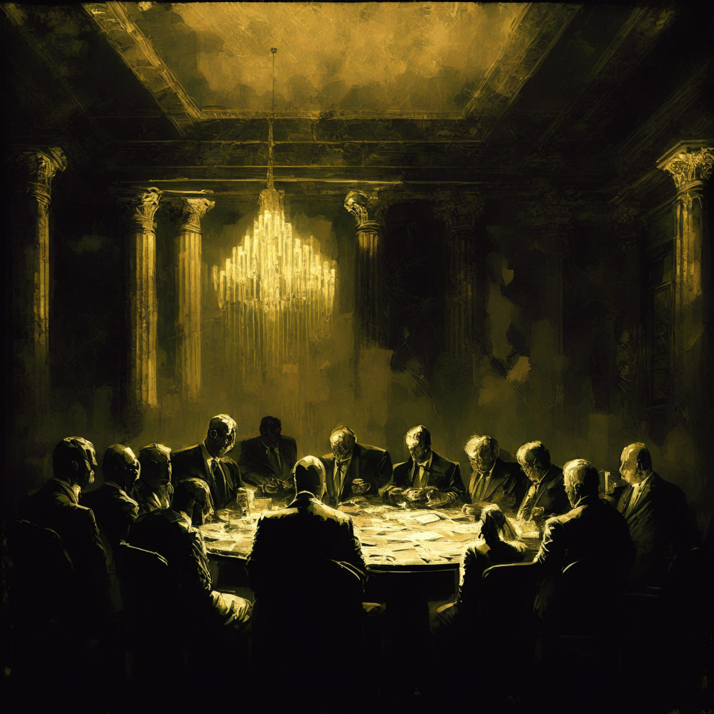 Intricate, dystopian art style, dimly lit setting, textured brushstrokes, tense mood: US Presidents and Congress members in a dark, spacious room with high ceilings, discussing the looming debt crisis; on the table, gold bars, treasury bonds, and a holographic Bitcoin symbol; distressed investors watch intently from a distance, symbolic of their uncertainty.