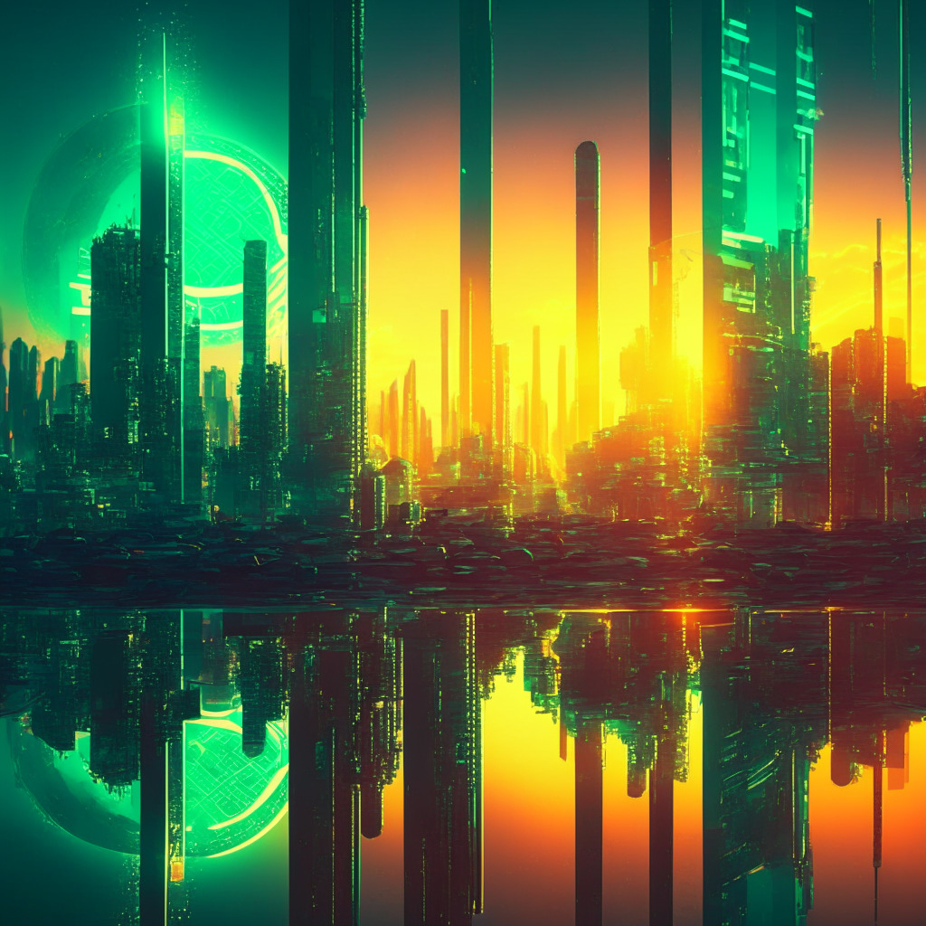 Sunrise over futuristic city, cryptocurrency coins in the sky, glowing green Bitcoin sign, balance between hope & caution, cyberpunk aesthetic, vibrant neon lights, contrasting shadows, mood of anticipation, mixture of optimism & uncertainty, abstract reflections, glass & steel architecture.