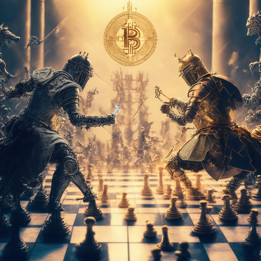 Intricate crypto battle scene, Bitcoin vs Ethereum, golden armored warriors, medieval setting, contrasting warm and cool tones, suspended on a secure chain link battlefield, foreground with financial instruments, strategic chess moves, dusk light, sense of intensity and rivalry, poignant mood, victor undecided.