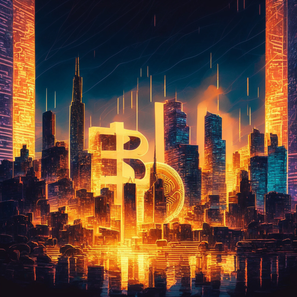 Intricate cryptocurrency scene, evening cityscape, Bitcoin symbol ascending, U.S. dollar weighing it down, abstract yet realistic artistic style, glowing city lights, contrast between warm and cool colors, mood: optimism with elements of uncertainty, keywords: continuation, 200-week moving average, $38,000-42,000 range.
