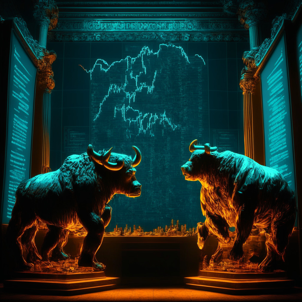 Intricate bear and bull figures, tense atmosphere, dimly lit trading desk, 3D floating Bitcoin, fluctuating price chart, contrasting colors, Rembrandt lighting, Baroque style, emotional contrast, hopeful vs fearful traders, calming warm tones, chaotic cool tones, $30K and $25K price tags, no logos.