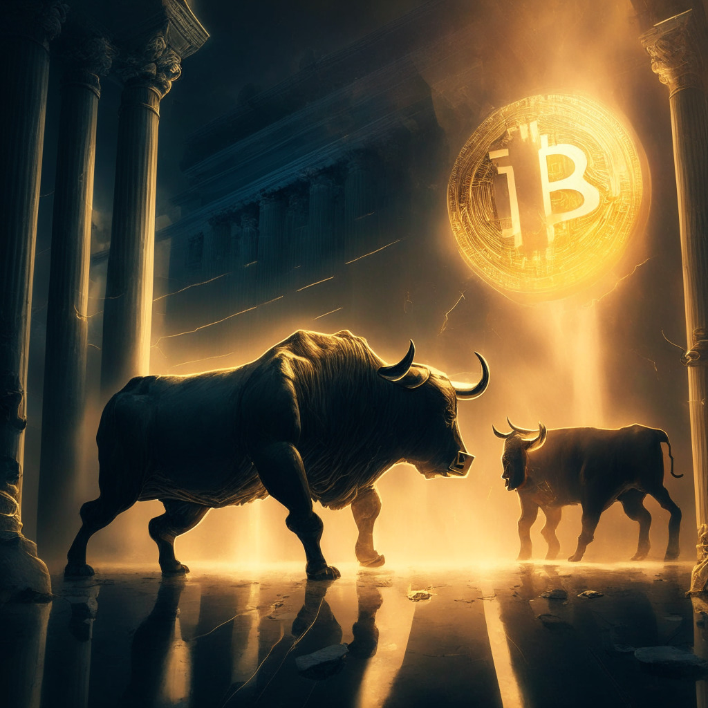 Cryptocurrency market turmoil, Bitcoin hovering near $27,200, moody evening light casting shadows on nervous traders, a digital bull and bear in a delicate balance, stunning Renaissance-inspired artistic style, US regulatory concerns looming ominously, unsettled atmosphere amidst striking contrast of hope and caution, potential for a bullish rebound sparkling subtly.