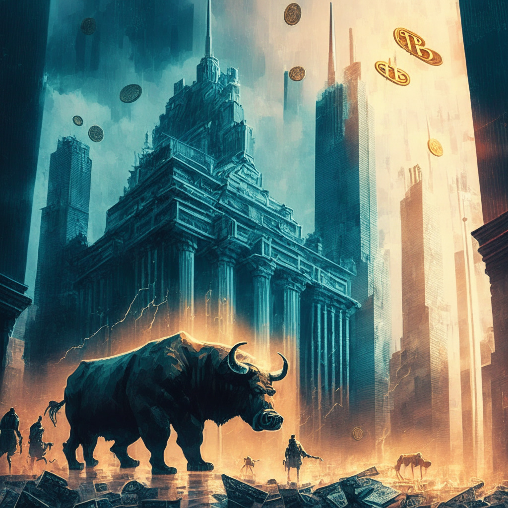 Intricate futuristic city skyline with a Bitcoin on a balance scale, bears and bulls clashing, ominous British government building in the background, subdued lighting, heavy contrast, tense battle scene, air of uncertainty, financial market elements interwoven, subdued color palette with sparks of hope, expansive depth and detail, digital painterly strokes.