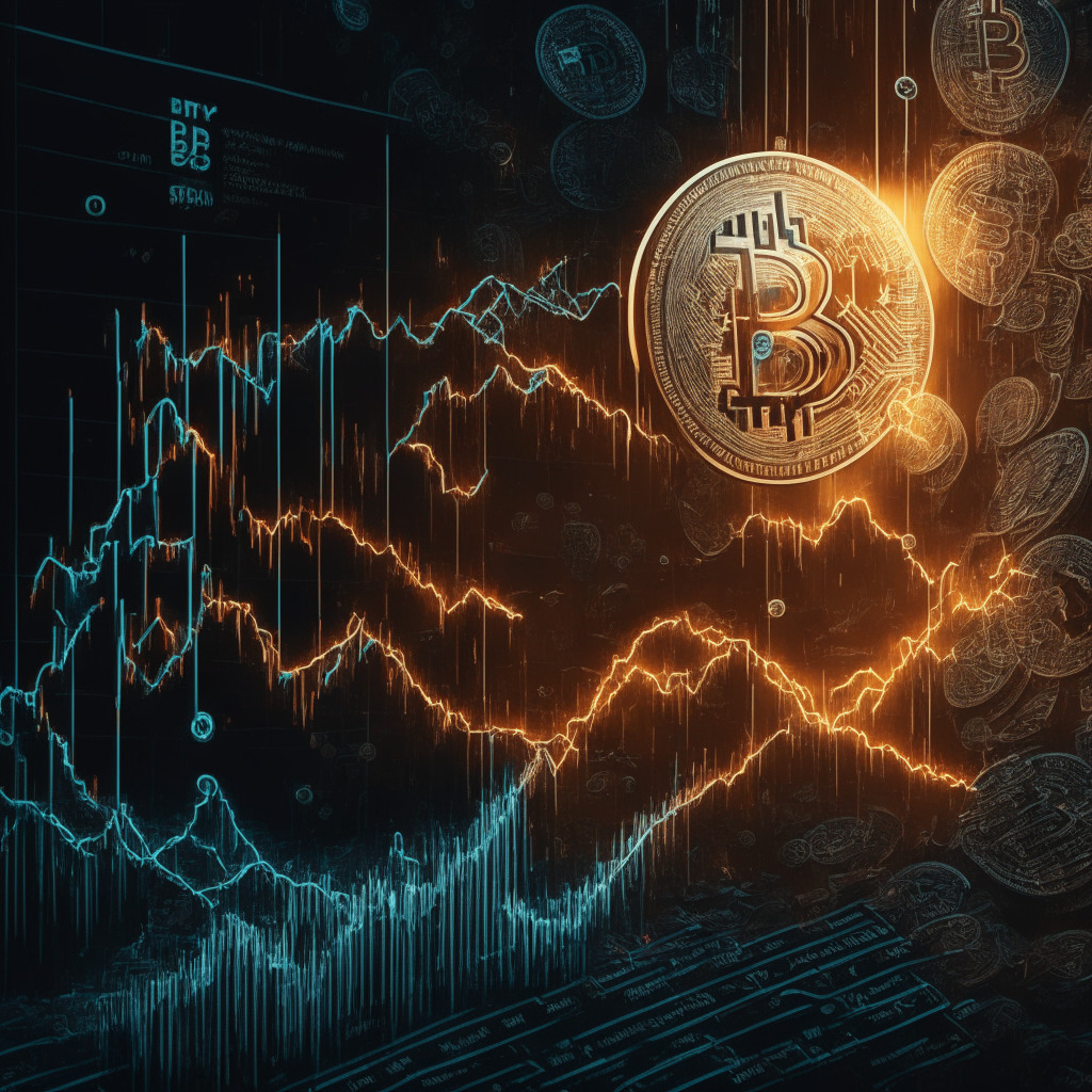 Cryptocurrency market struggle, Bitcoin hovering around $28,000, dramatic lighting, intricate details of fluctuating graphs, hopeful mood, digital vs traditional stocks, long-term growth potential, on-chain analytics report, intense global influences, cautious optimism, unique artistic style.