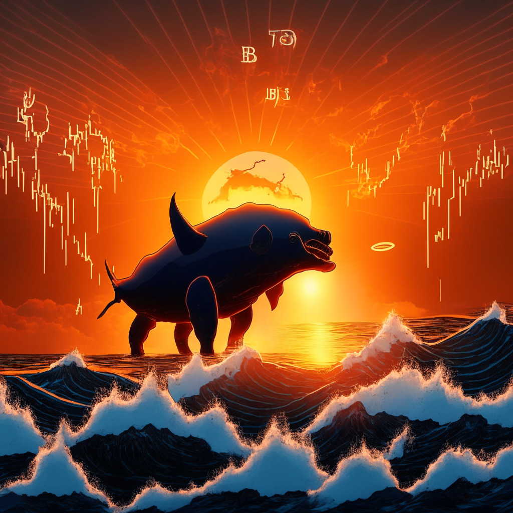 Cryptocurrency chaos, miners benefiting, potential price correction, intricate blockchain design, sunset-lit horizon, chiaroscuro effect, sense of instability and opportunity, BTC slipping below $28000, head and shoulders pattern, whale activity, contrasting optimism and caution.