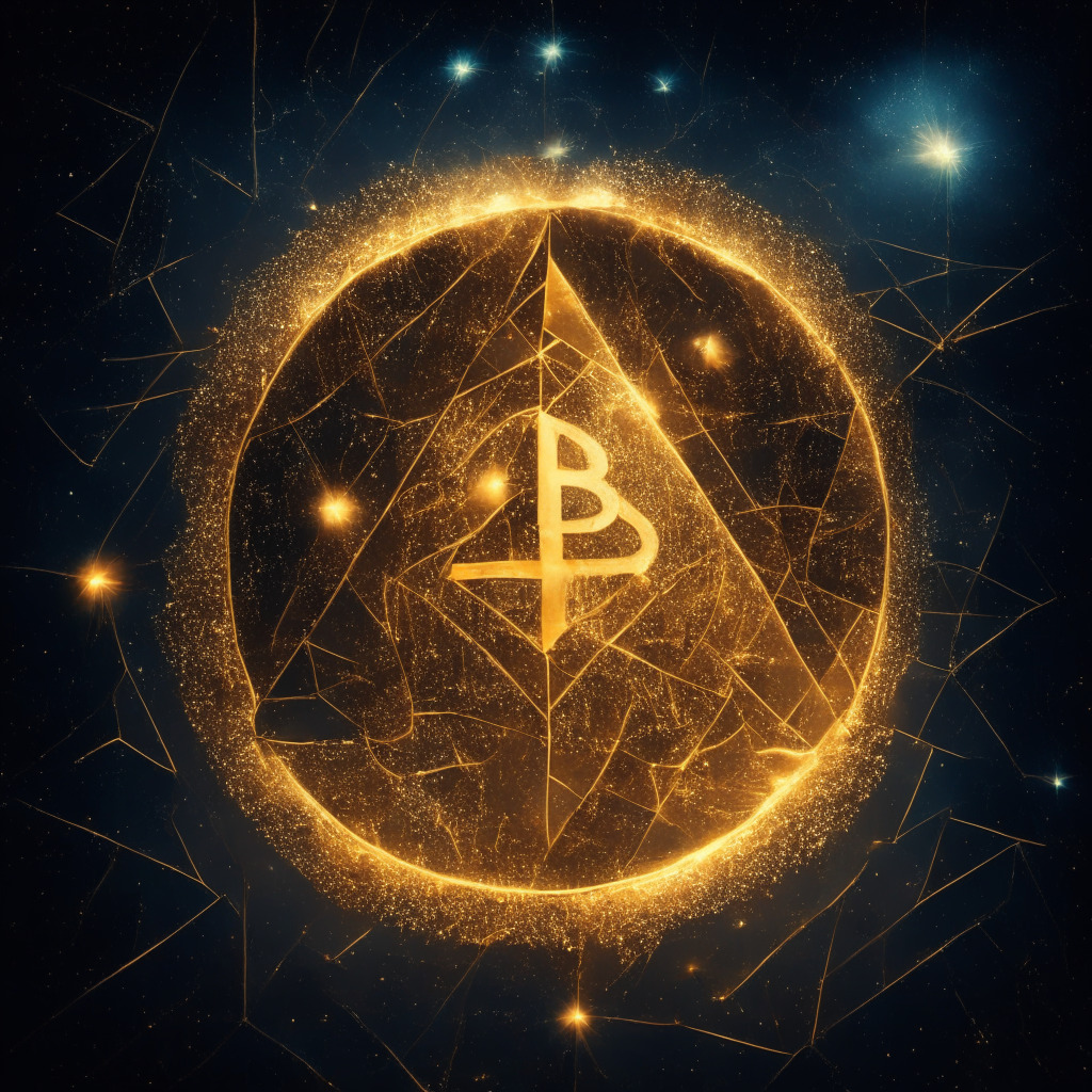 Golden Bitcoin nestled in symmetrical triangle, anticipating breakout, night sky with constellations, subtle glow emphasizing bullish trend, air of uncertainty with hopeful undertones, mix of warm and cool tones, evoking high volatility atmosphere and futuristic trading scene.