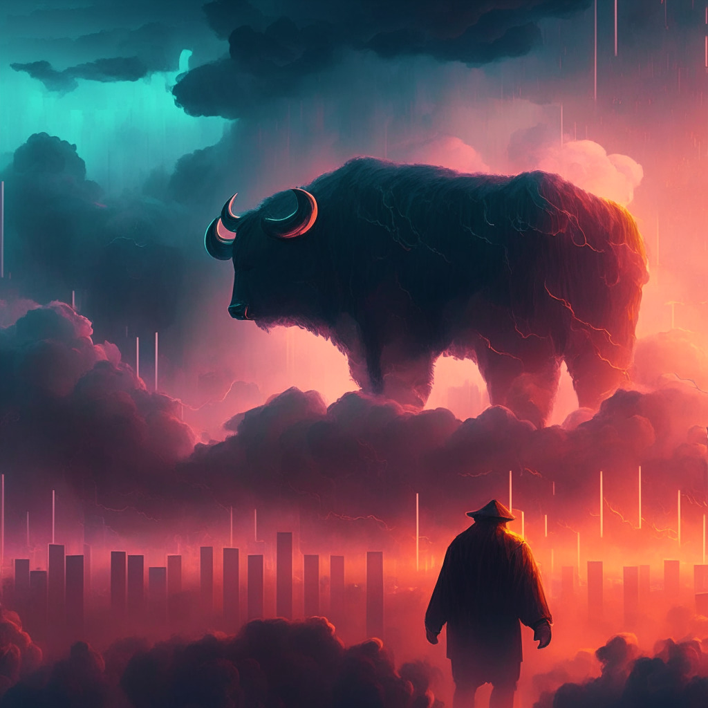Mysterious crypto market scene, bearish and bullish forces clashing, CPI data cloud looming overhead, dusk lighting, hazy atmosphere, warm and cool colors entwining, tense mood, subtle hopeful undertones, intricate details, support and resistance zones, abstract currency patterns.