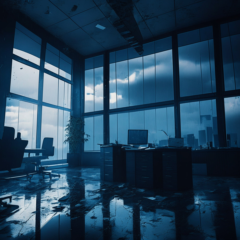 Gloomy crypto exchange office, dark clouds overhead, shattered glass, balance scales tipping, contrast of light and shadow, intense hues of blue and gray, chaotic atmosphere, hint of optimism with the sunlight breaking through the horizon, sense of resilience and progress, overall moody ambience.