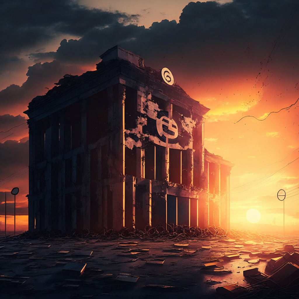 Dramatic sunset over abandoned crypto exchange building, contrasting shadows & light, melancholic mood, DeFi symbols shining brightly in distance, ICO tokens scattered on ground, fading sign of regulatory uncertainty, users embracing self-custody, evolving industry landscape.