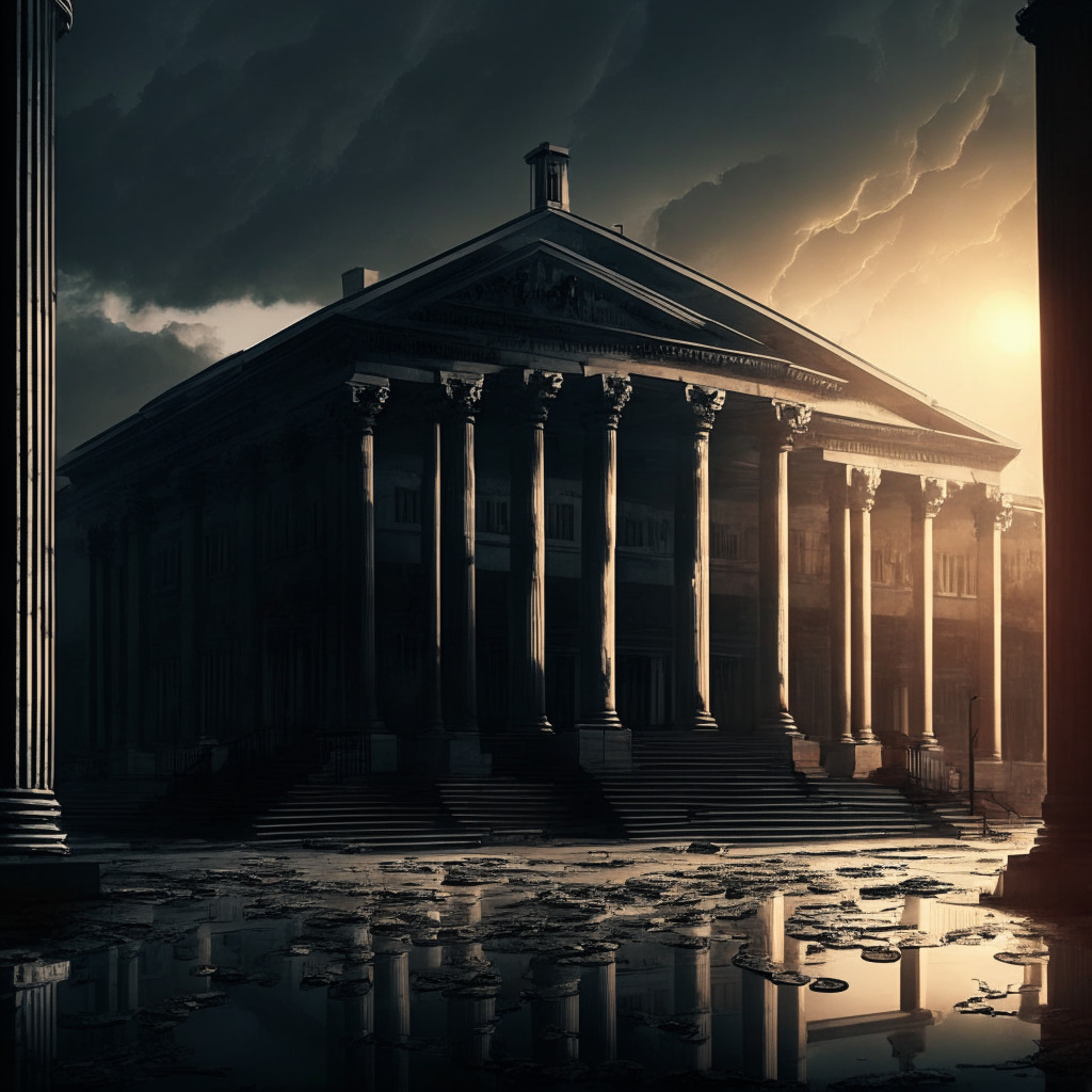 Cryptocurrency platform bankruptcy, ominous courthouse in the background, distressed investors, reorganizing finances, uncertain future, subtle chiaroscuro lighting, contrasting shadows representing instability, moody atmosphere, hint of hopeful sunrise, ripple effect in the market.