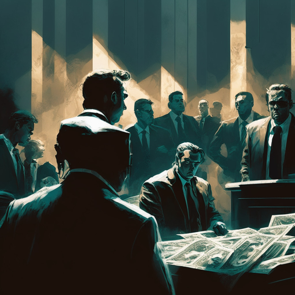 Cryptocurrency exchange bankruptcy, dramatic court scene, contrasting light and shadows, intense expressions, SEC officials and exchange co-founder, suspenseful mood, chiaroscuro style, looming regulation uncertainty, US and international currencies entangled, subtle color palette, contemporary artwork.