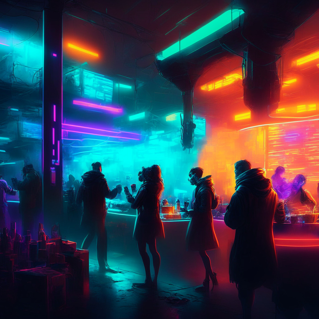 Vibrant digital market scene, futuristic trading platform, neon-lit setting, abstract NFT art pieces exhibited, lively yet wary traders discussing, blurred motion effect, underlying tension, dynamic light reflections, financial uncertainty undertone, chiaroscuro lighting for dramatic mood.