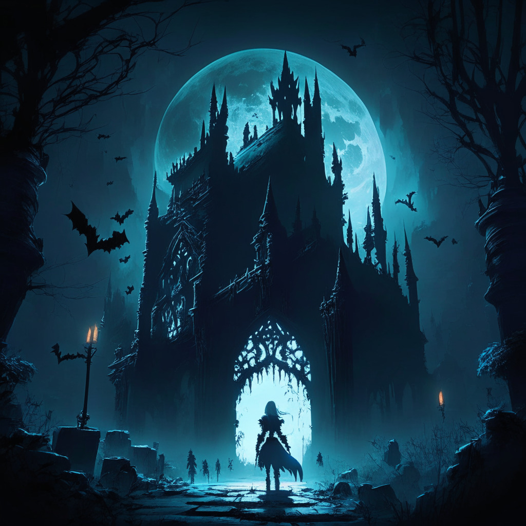 Gloomy fantasy RPG landscape, intricate gothic architecture, radiant moonlight casting eerie shadows, blockchain and NFT elements, action-packed characters battling mutated creatures, foreboding atmosphere, intense gameplay, painterly art style, a sense of adventure and discovery.