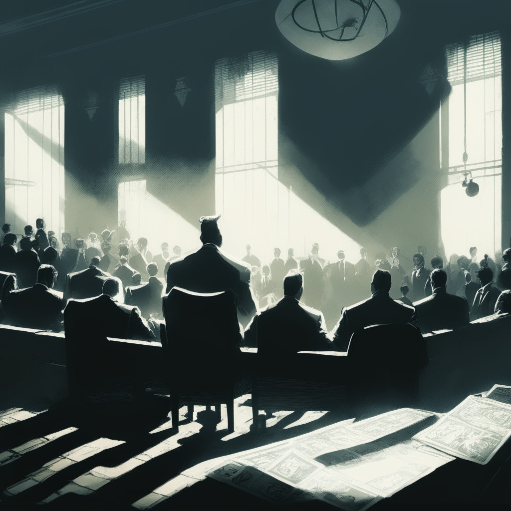 A tense courtroom, rays of sunlight streaming through blinds, a large gavel hovering, creating a mood of anticipation and conflict. Key features: distressed creditors, BlockFi representatives in a huddle, crypto coins scattering on the floor. Artistic style: Film noir, incorporating muted colors, chiaroscuro, and intense facial expressions.