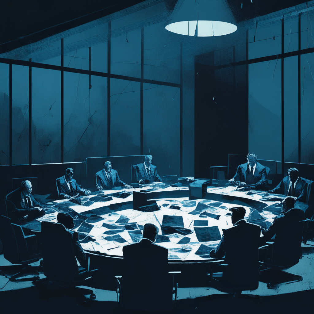 Digital asset lender's bankruptcy scene, dim-lit boardroom filled with tense creditors and management, somber mood, monochromatic colors with a touch of dark blue, shattered glass symbolizing the company's collapse, documents scattered showcasing poor decisions and restructuring failures, fading crypto coins, looming losses and financial disappointments.