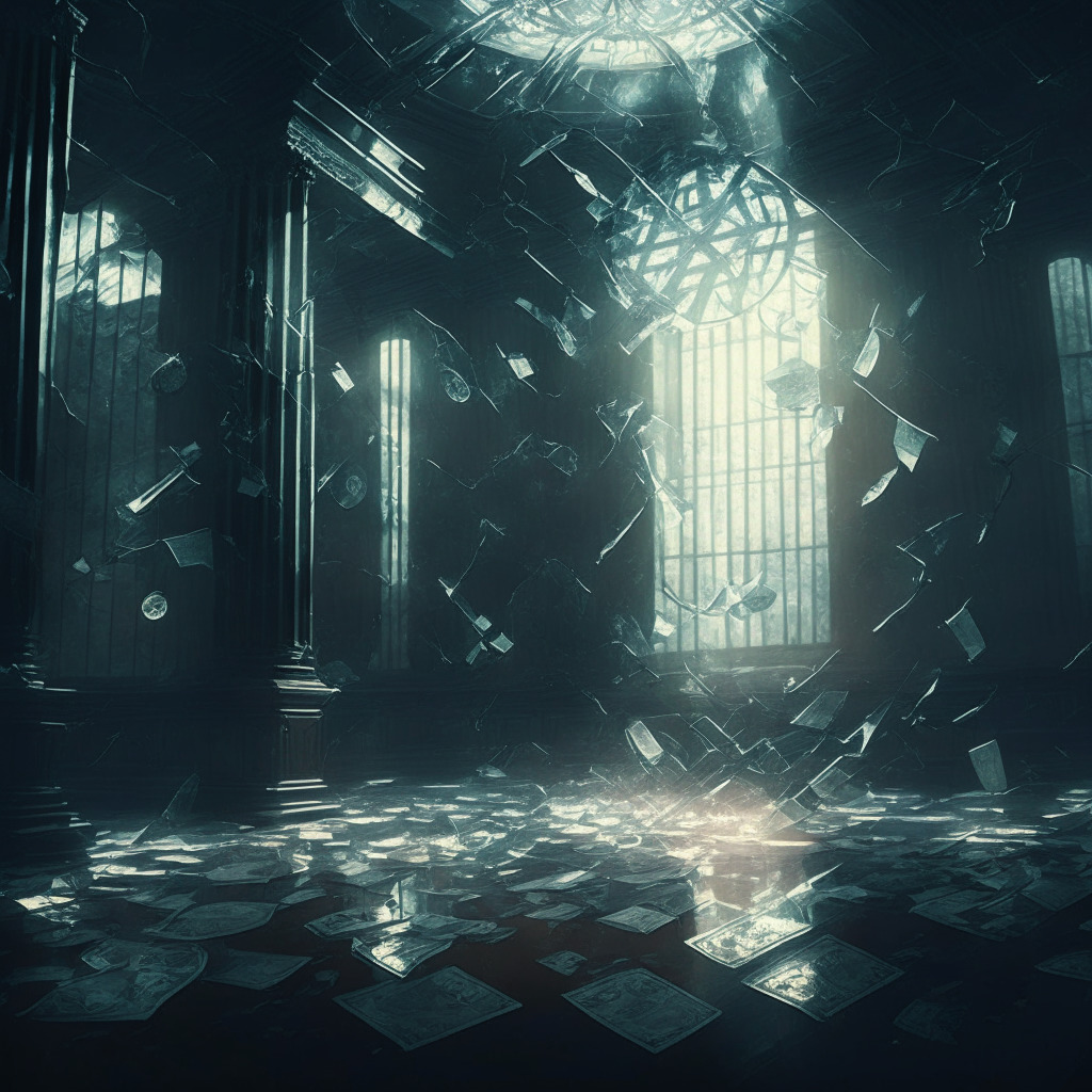 Cryptocurrency chaos in courtroom, dark, shadowy scene, shattered glass, contrast of relief and distress, ethereal blockchain, cold, metallic atmosphere, monetary scales tipped, fading transparency, muted color palette, somber mood, intricate patterns, soft light filtering through.