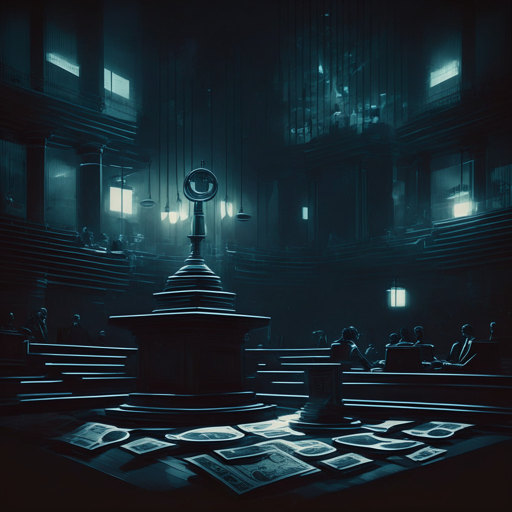 Nighttime courtroom scene, scales of justice, digital coins, distressed investors, uncertain expressions, abstract blockchain pattern, conflicting light, contrasting shadows, moody atmosphere, futuristic touch, balance of innovation & regulation, cautious optimism, no brands or logos, 350 char max.