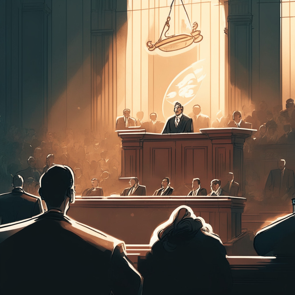 A courtroom scene bathed in warm, engaged light, reflecting justice and resolution. A distinguishable judge with a distinctive style, confidently announces the decision, impacting BlockFi's customers. In the background, cryptocurrency symbols fading, indicating past chaos. Mood: cautious optimism, emphasizing the importance of informed choices in crypto investments.