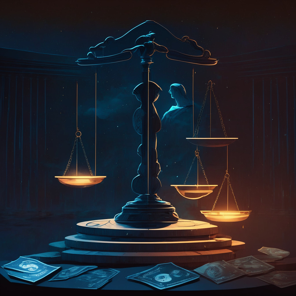 Crypto lending platform in twilight, balance scales weighed by debts & lawsuits, dimly lit courtroom, somber mood, surrealistic style, BlockFi's fate on trial, uncertain outcomes, potential high recoveries, large currency symbols, 100k creditors' hopes & fears intertwined, hovering deadline dates.