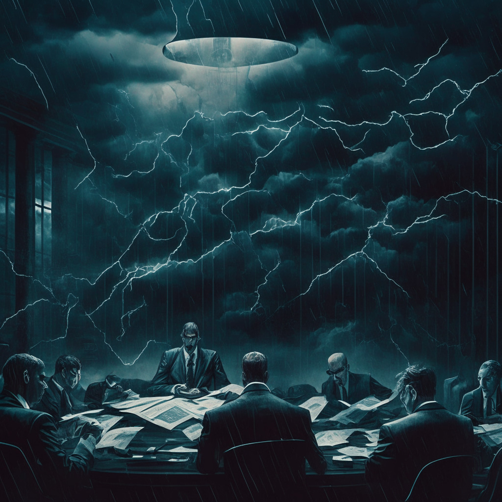 Cryptocurrency lender restructuring conflict, intricately divided stakeholders, moody courtroom, dim lighting highlighting concerned faces, tense negotiations, financial charts and graphs sprawled across legal documents, digital assets in background, stormy weather symbolizing uncertainty.