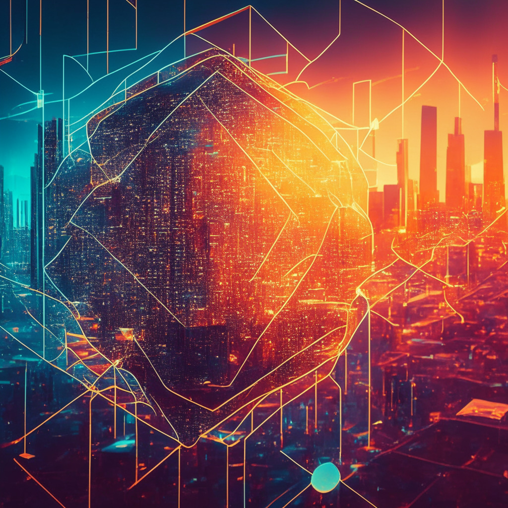 Futuristic blockchain cityscape, sunset-glow, intertwined networks, contrasting elements of transparency & anonymity, central bank & decentralized currency, subdued optimism, evolving worlds merging, tension between technology growth & conflicting interests.