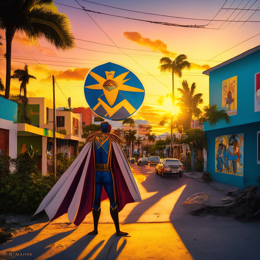 Sunset in vibrant Miami, Little Haiti neighborhood, Captain Haiti wearing cape and shield, blockchain symbols, artistic murals on buildings, diverse community celebrating, warm golden light, lively mood, cultural exchange, dynamic composition, painterly style, hints of urban renewal, greenery surrounding, NFT and real estate fusion, optimism and innovation.