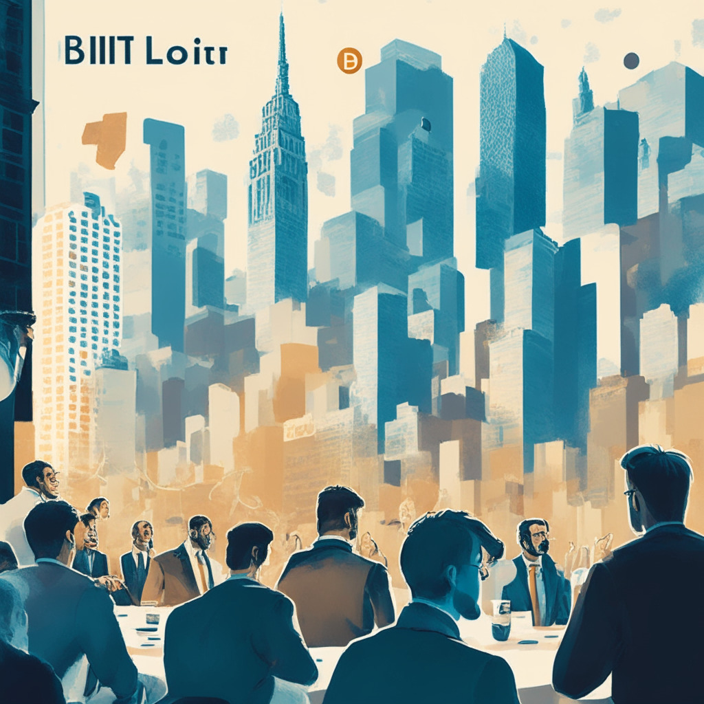Blockchain debate scene, NY cityscape backdrop, diverse people conversing, contrasting views visible, natural lighting, neutral color palette, impressionist style, mood of anticipation, uncertainty, excitement, currency icons (no logos), supportive text (security, innovation, regulations), 350 characters.