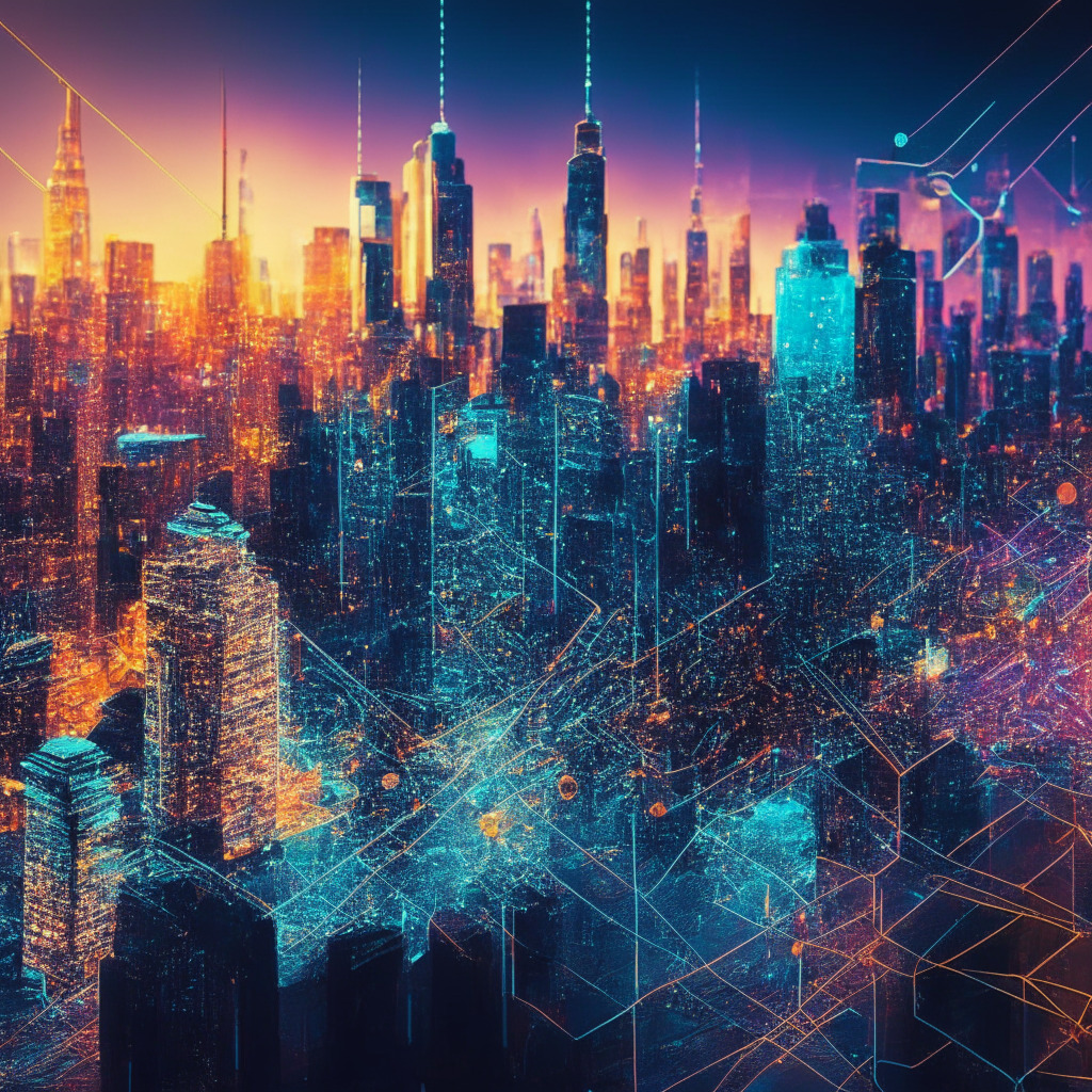 Intricate cityscape with blockchain elements, glowing connections, vibrant colors, financial district, New York skyline, soft evening light, futuristic artistic style, dynamic atmosphere, transformative mood, optimism & caution, innovative entrepreneurs, emerging regulations, sustainable advances.