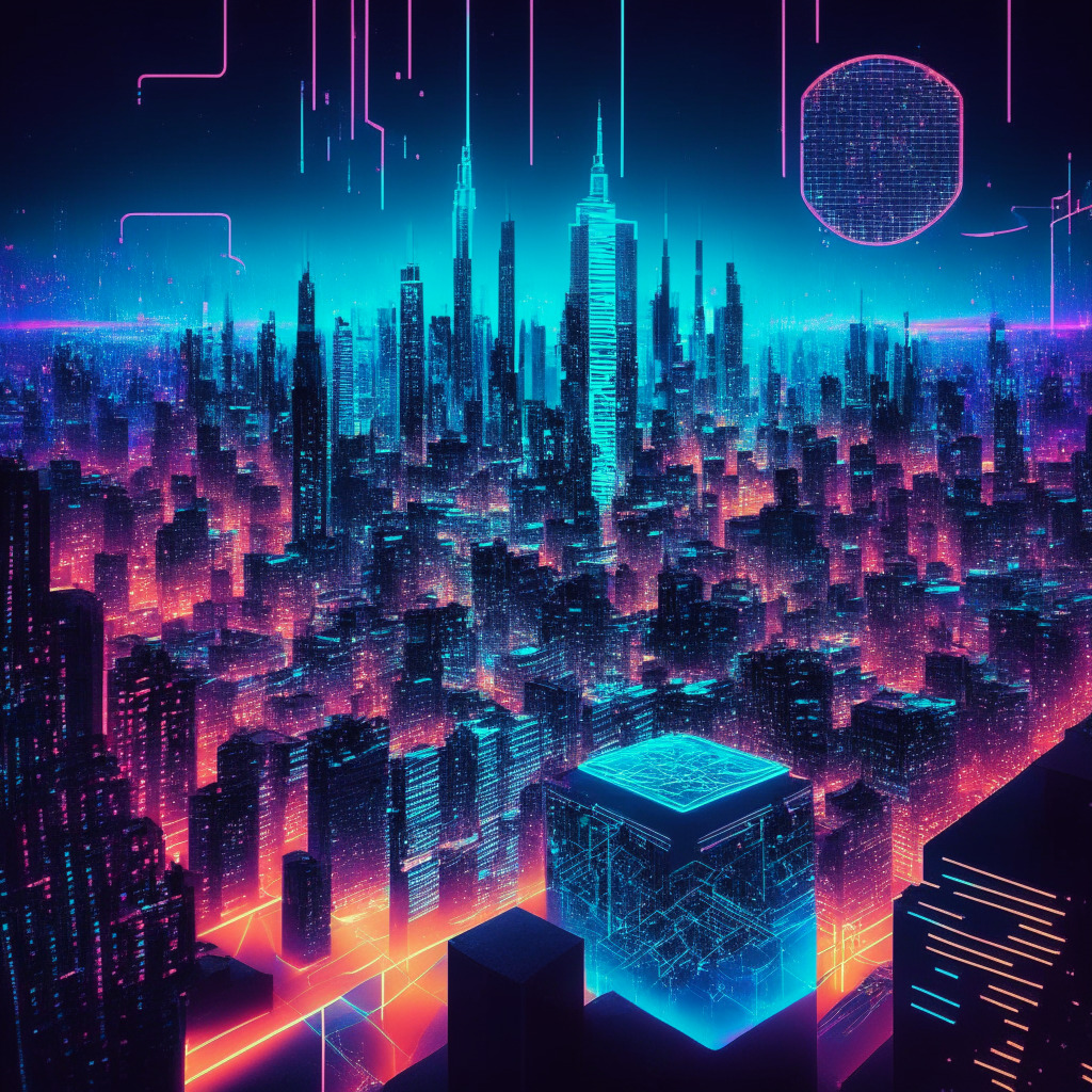 Urban blockchain center, future tech landscape, glowing neon, contrasting skepticism, balanced light setting, informative atmosphere, swirling complexity, celebration & challenge coexistence, optimistic mood, cryptic vs transparent elements, touch of NYC skyline, no brands/logos.