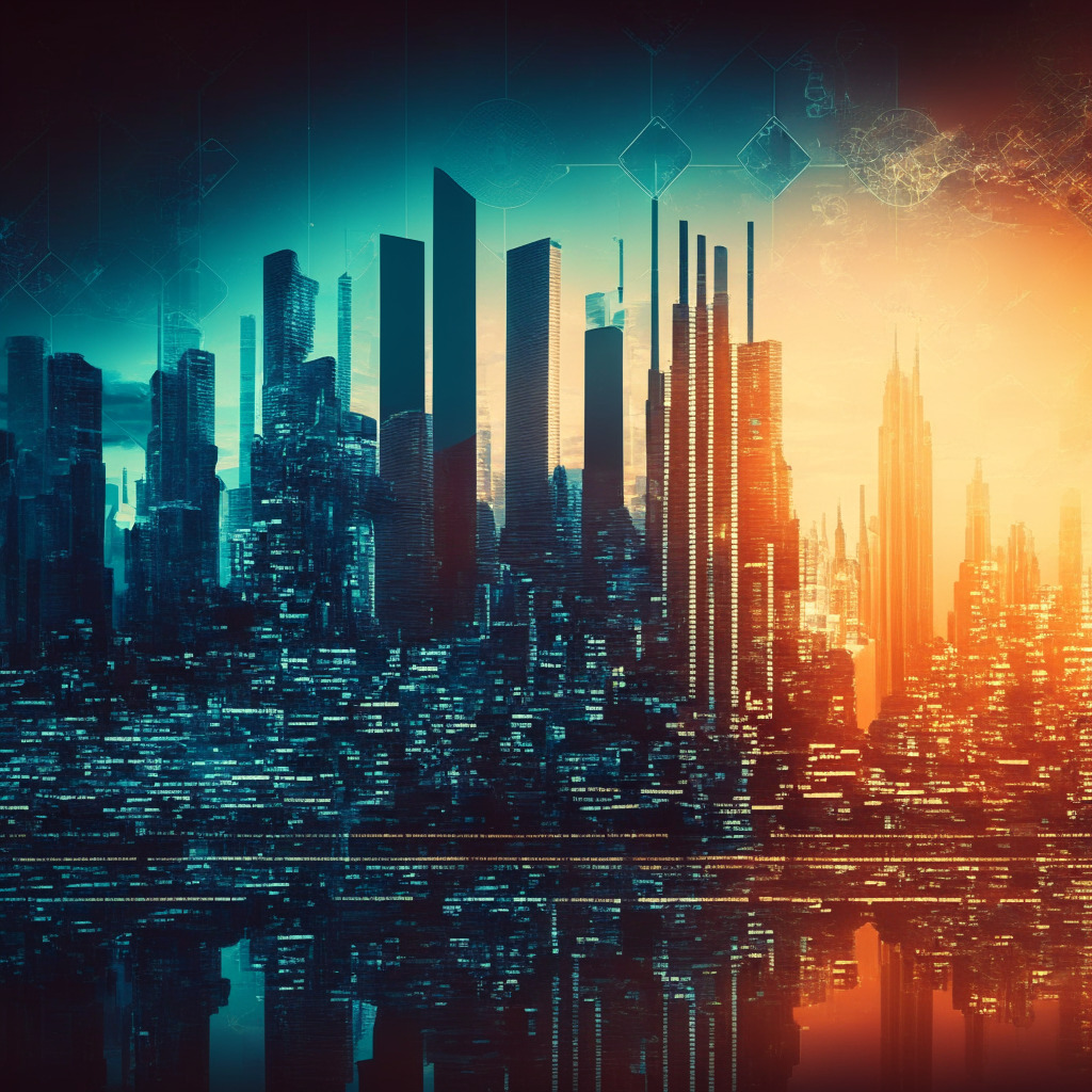 Futuristic finance landscape, blockchain in foreground, pros & cons in balance, dusk setting, chiaroscuro effect, warm & cool tones, hopeful uncertainty, abstract art style, currency transactions' web in the background, security symbols, individuals as self-banks, evolving city skyline.
