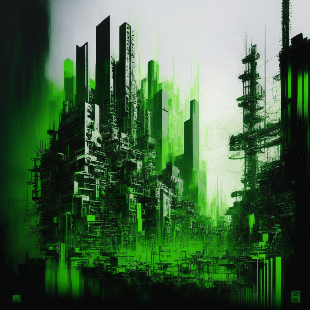 Intricate cityscape with blockchain elements, green and gray hues, contrasting light and shadow, a vibrant NFT art piece amid industrial imagery, ethereal glow highlighting hope and challenges, techno-impressionistic style, an amalgamation of innovation and environmental concerns, a moody, thought-provoking scene.