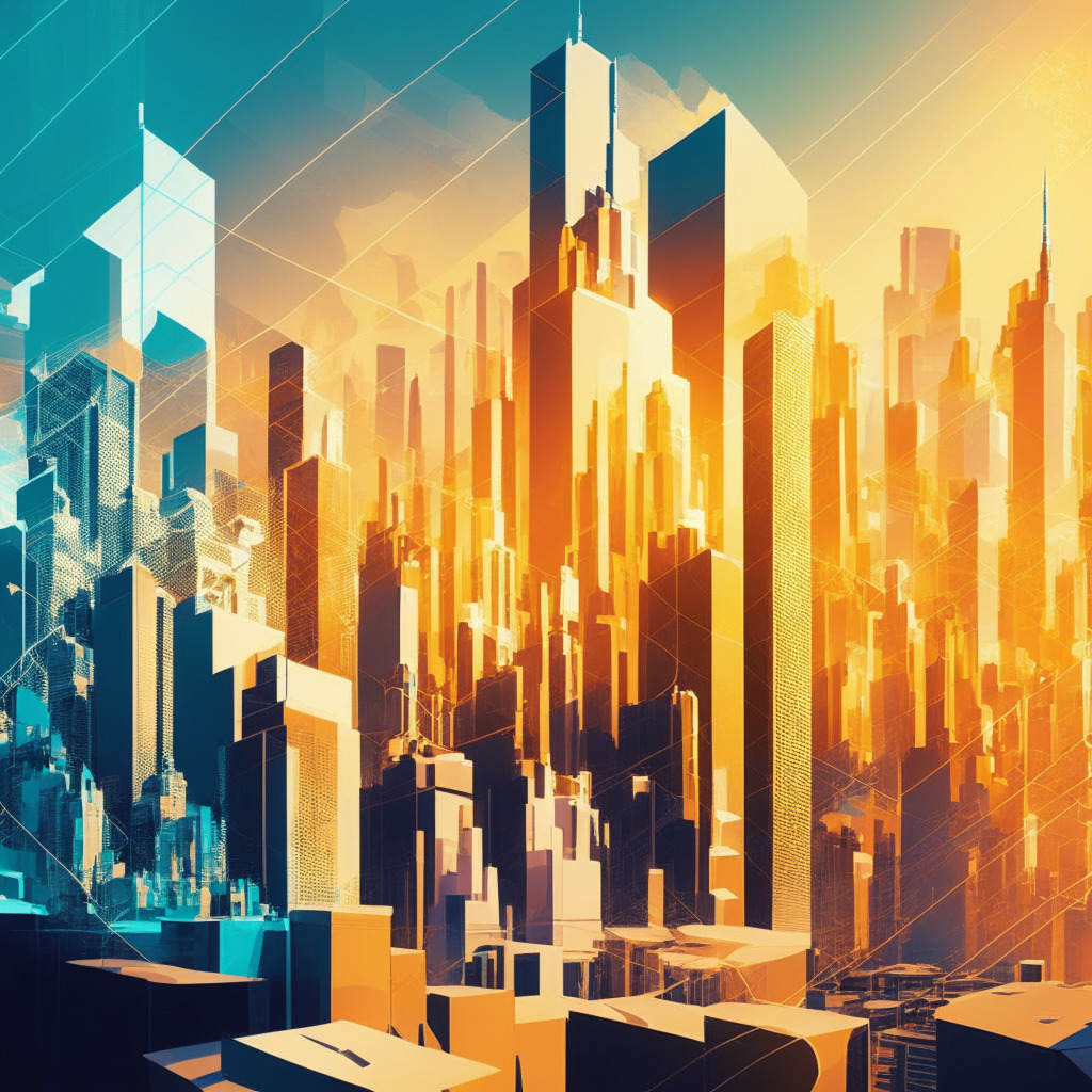 Futuristic cityscape with blockchain elements, warm sunlight, cubist style, debate at conference, New York skyline, market stability graphics, cybersecurity lock, intense discussion, hopeful yet skeptical mood, under 350 characters
