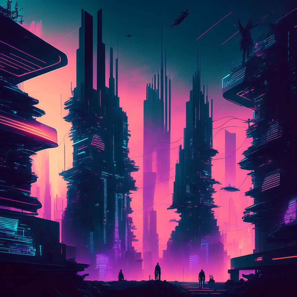 Futuristic cityscape with decentralized networks, contrasting light and shadows, bold cyberpunk aesthetic, a blend of optimism and skepticism, glowing cryptocurrencies, cyber security warnings, energy-efficient symbols, DeFi platforms spun across a web, prominent figures' silhouettes subtly influencing the scene, hint of sustainability.