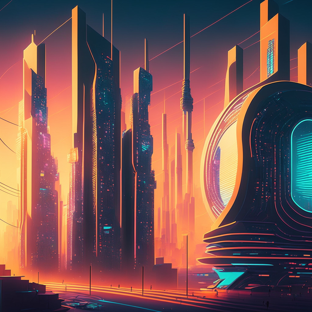 Futuristic cityscape with blockchain integration, glowing decentralized nodes, diverse industries represented, muted sunrise colors, sleek art deco architecture, shadows of skepticism, bursts of innovation, textural environmental contrasts, mood of cautious optimism, hints of centralization veiled in holographic interface, swirling regulatory uncertainty.